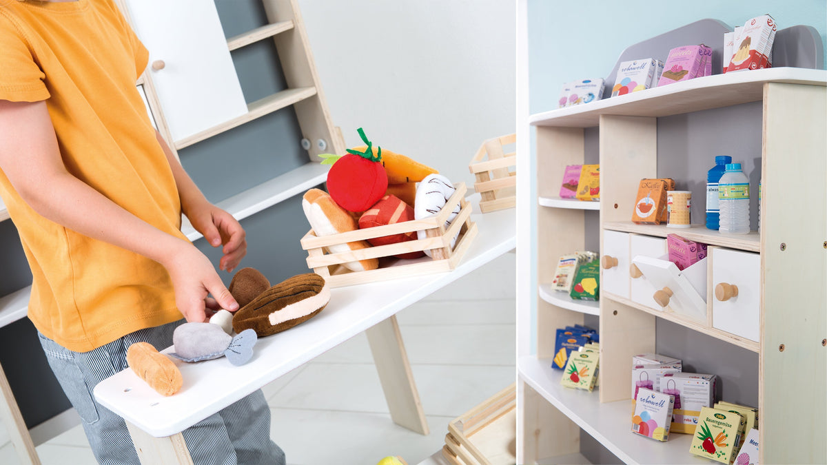 Kaufläden für Kinder aus Holz mit Zubehör zur Einrichtung
