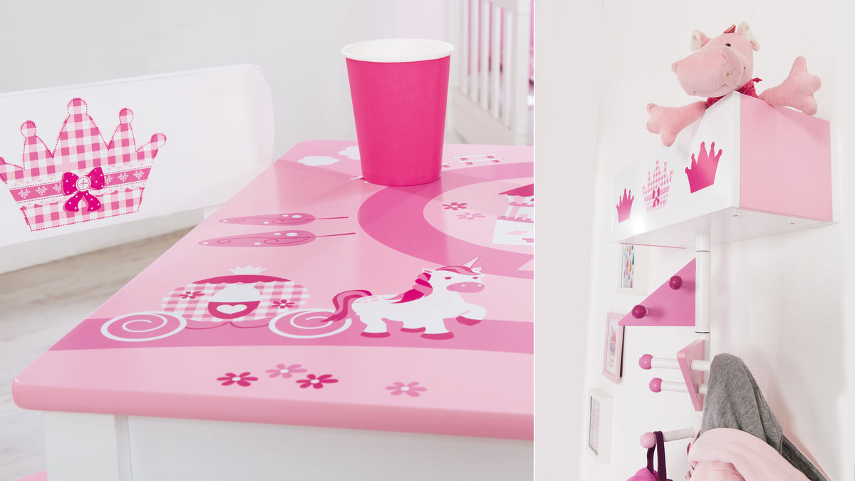 Vorschaubild Kollektion Krone - Detailaufnahme Kindersitzgruppe in Weiß / Rosa mit Kronen-Print