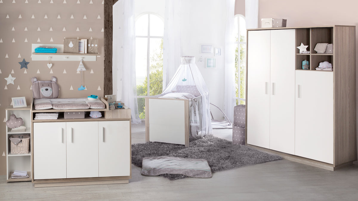 Vorschaubild Kinderzimmer Olaf in Weiß mit Holzdekor Luna Elm - 3-teiliges Set mit Wickelkommode, Babybett und Kleiderschrank
