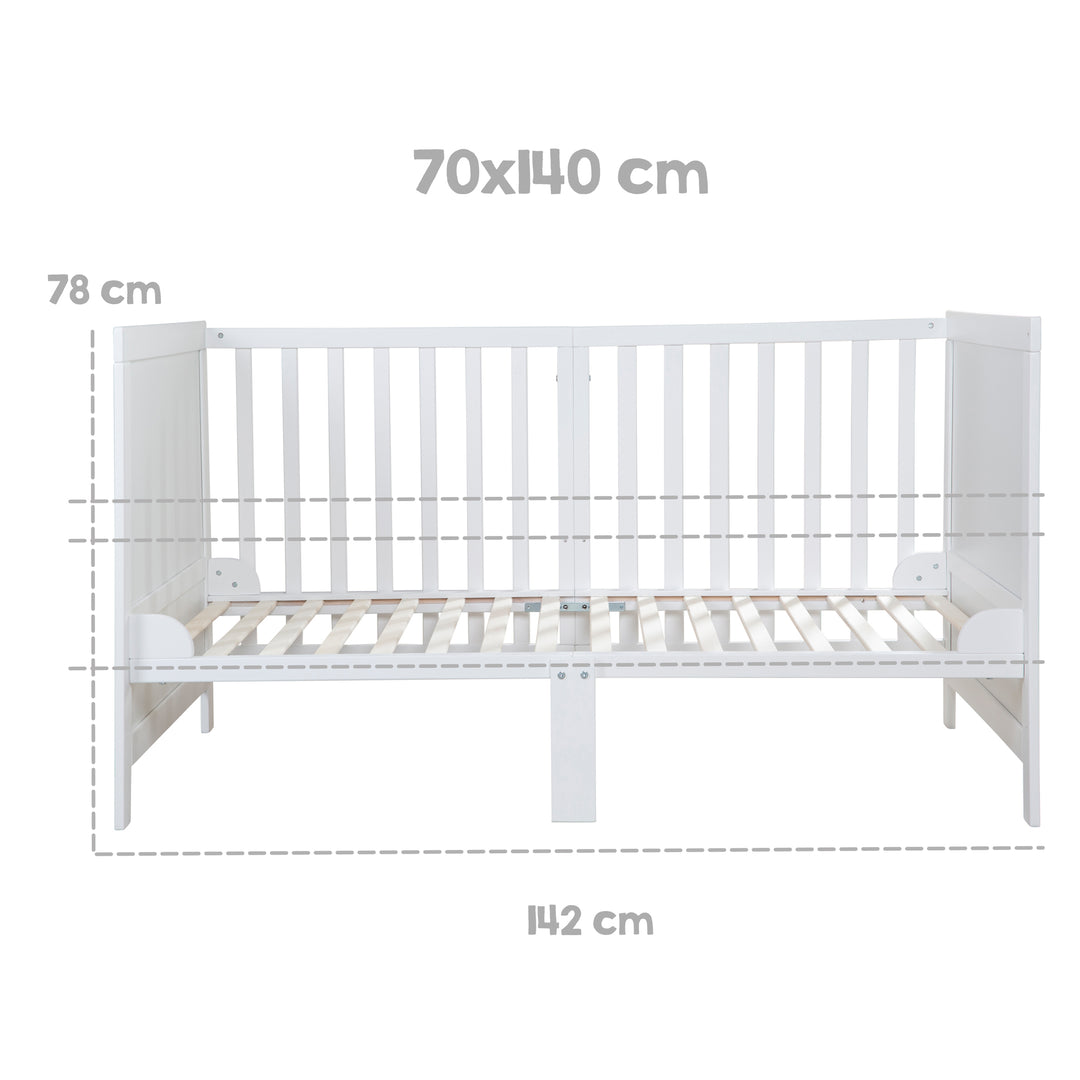 Lit enfant combiné EASY SLEEP 70x140 incl. coins de transformation - Bois blanc laqué – Infographie (13/17)