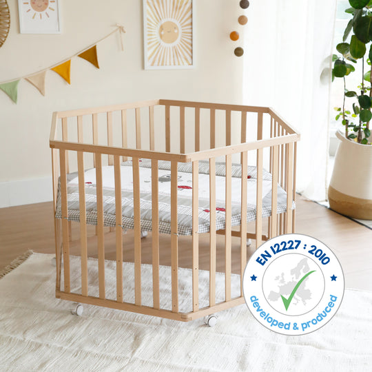 Playpen Hexagonal incl. Protective Insert 'Adam & Owl' - Wood Natural – Infographic (9/11)