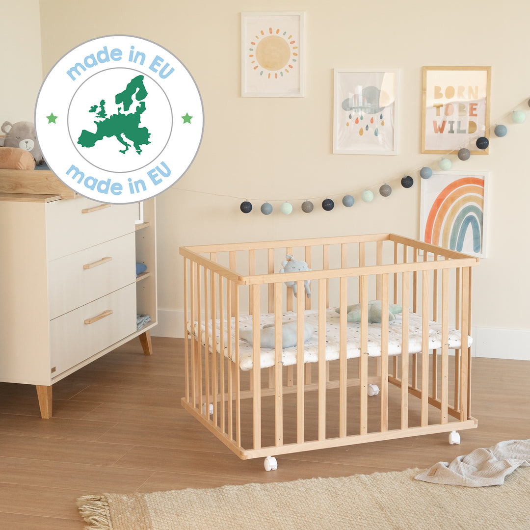 Parc 75 x 100 incl. tapis de parc 'Sternenzauber gris' - Bois naturel – Infographie (12/14)