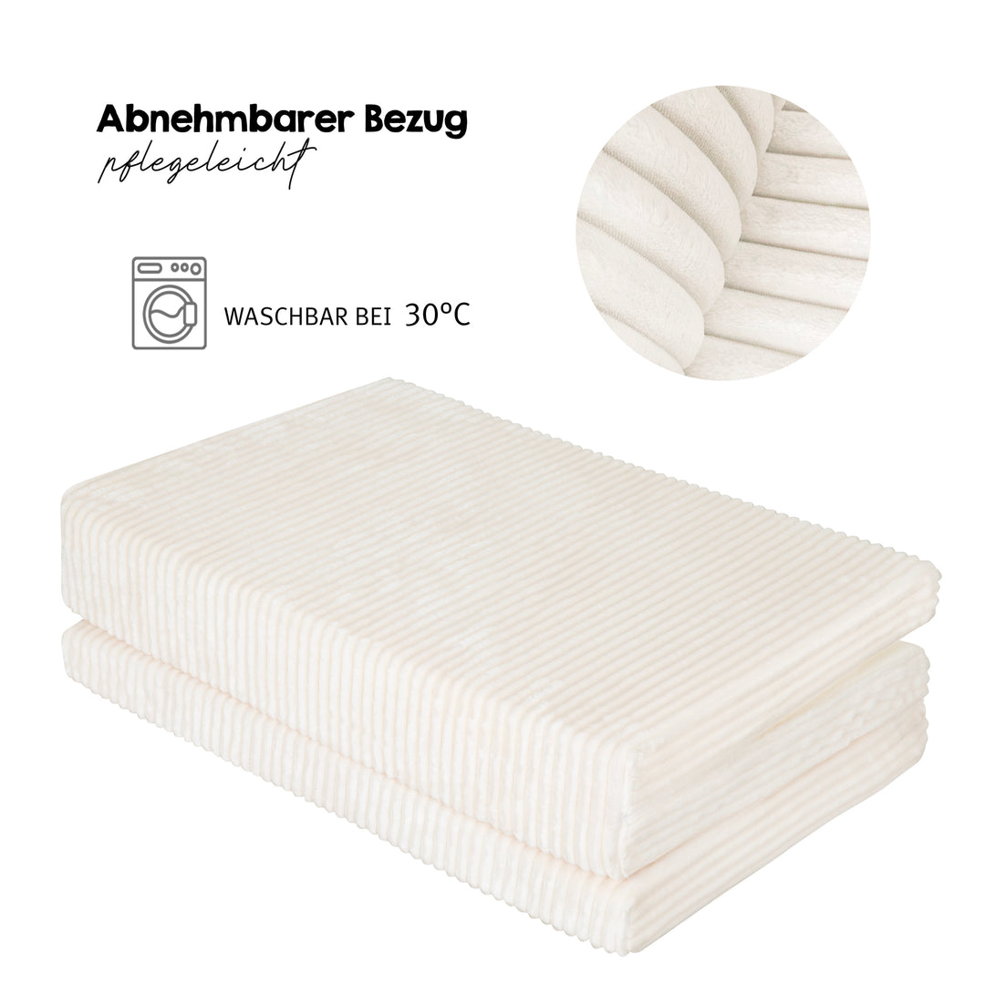 Zusammengefaltete Reisebettmatratze in Beige mit Detailansicht des Cord-Bezugs, Schriftzüge 'Abnehmbarer Bezug – pflegeleicht' und Symbol 'Waschbar bei 30 °C'.