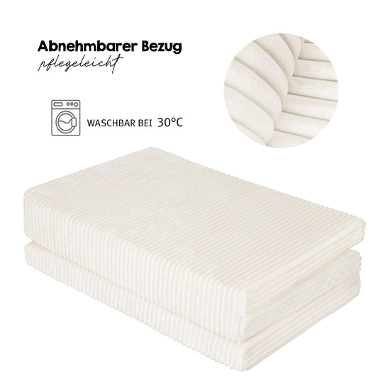Zusammengefaltete Reisebettmatratze in Beige mit Detailansicht des Cord-Bezugs, Schriftzüge 'Abnehmbarer Bezug – pflegeleicht' und Symbol 'Waschbar bei 30 °C'.