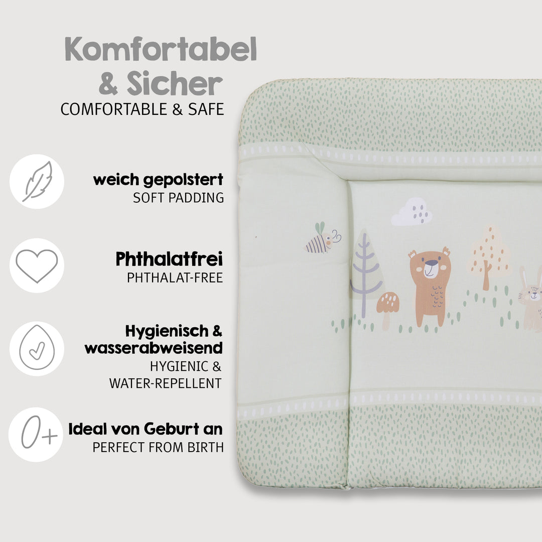 Matelas à langer 'Woodland Buddies' - 85 x 75 cm - Revêtu de PU - Vert pastel – Infographie (3/9)