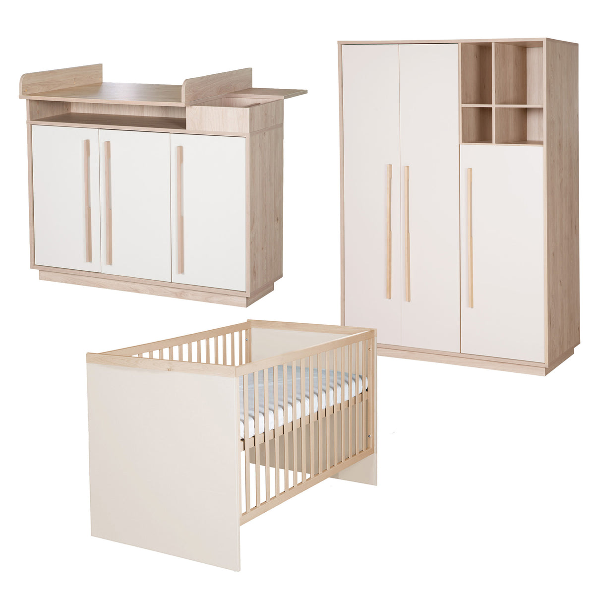 Babyzimmer 'Elva' 3-teilig - Offene Fächer & Soft Close - Cashmere / Virginia Chestnut – Freisteller (1/25)