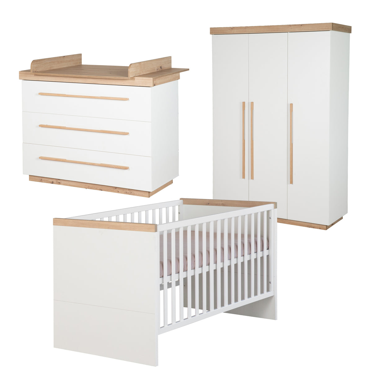 Kinderzimmer Set 'Lumo' 3-teilig - Kombi-Bett + Wickelkommode + Kleiderschrank - Weiß / Artisan Eiche – Freisteller (1/25)