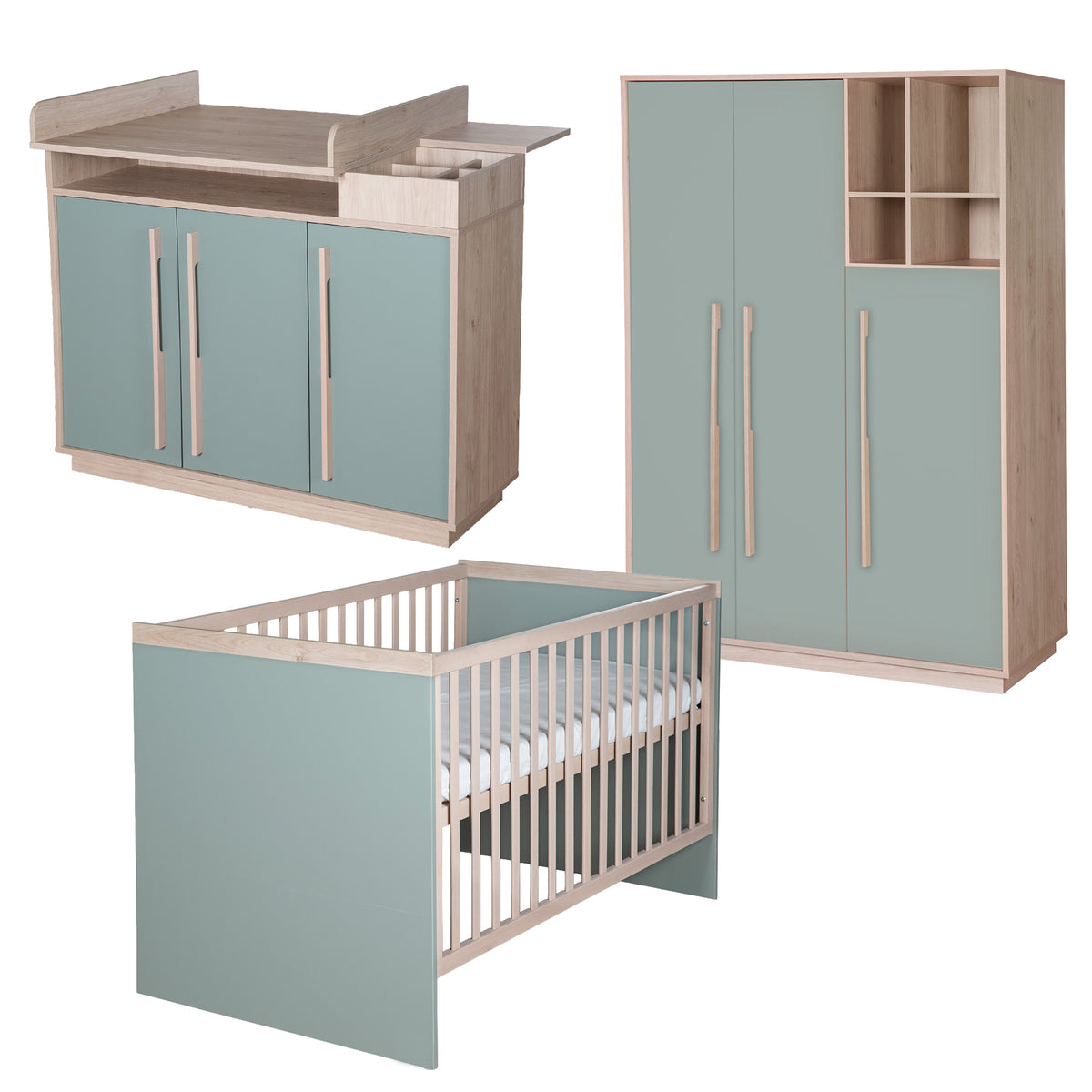 Chambre de bébé 'Selva' 3pièces - Ouvert compartiments & soft-close - Reed green / virginia chestnut – Détourage (1/29)