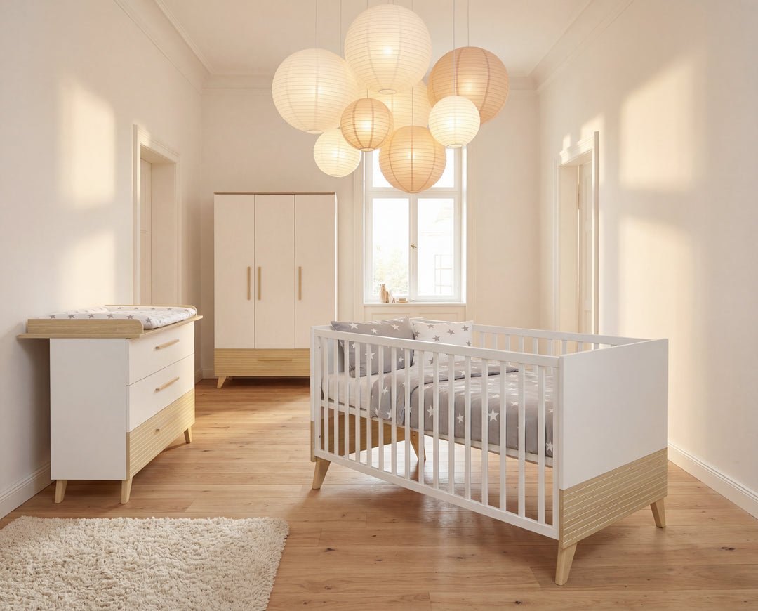 Nursery Set 'Theo' 3-Piece - Bed 70x140 + Changing Table + Wardrobe - White / Oak – Lifestyle Image (3/47)