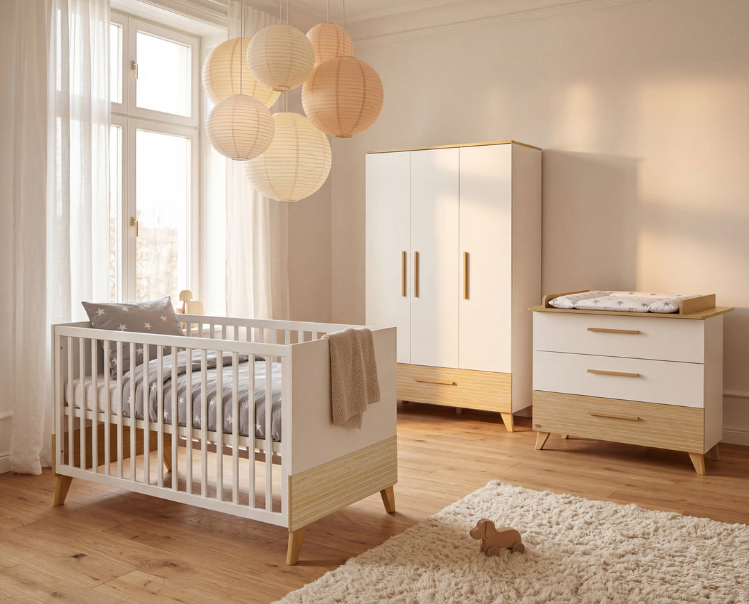 Nursery Set 'Theo' 3-Piece - Bed 70x140 + Changing Table + Wardrobe - White / Oak – Lifestyle Image (4/47)