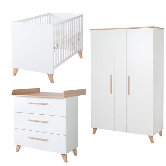 Chambre de bébé leon 3pièces - Lit cododo 60x120 + commode + armoire 2,5portes - Blanc / othello chêne – Détourage (1/26)