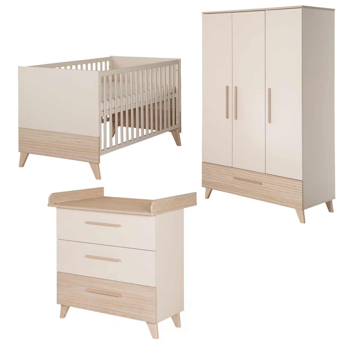 Babymöbel-Set 'Sidney' 3-teilig in Cashmere/Eiche: Babybett, 3-türiger Kleiderschrank und Wickelkommode im Überblick