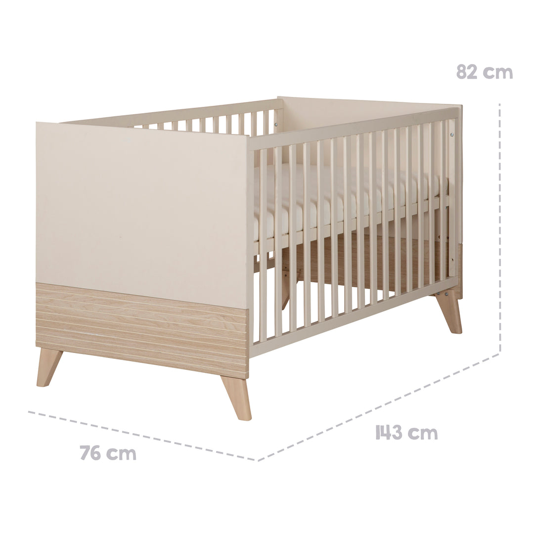 Maßgrafik des Babybetts 'Sidney': Höhe 82 cm, Länge 143 cm, Breite 76 cm
