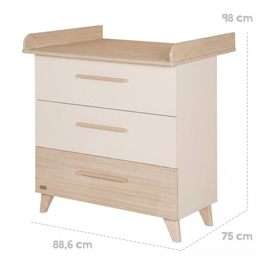 Maßgrafik der Wickelkommode 'Sidney': Höhe 98 cm, Breite 88,6 cm, Tiefe 75 cm