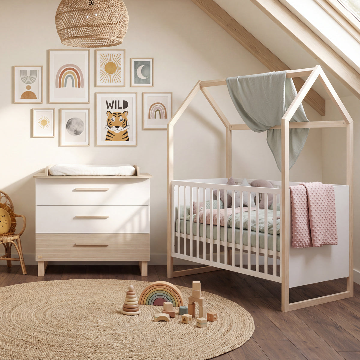 Set de muebles 'Noah' 2piezas con cama casita en 70x140 cm - Blanco / tristan roble – Foto ambientada (1/20)