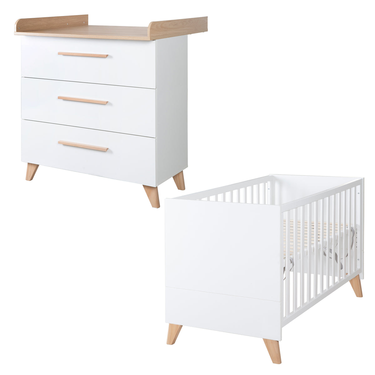 Möbelset 'Leon' 2-teilig - 2in1 Babybett 60x120 + Wickelkommode - Weiß / Othello Eiche – Freisteller (1/18)