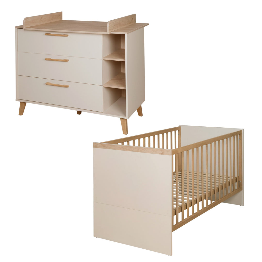 Furniture Set 'Jil' 2-piece - Convertible Baby Bed 70x140cm + Changing Dresser - Cashmere / Chestnut
