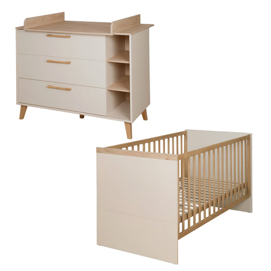 Furniture Set 'Jil' 2-piece - Convertible Baby Bed 70x140cm + Changing Dresser - Cashmere / Chestnut