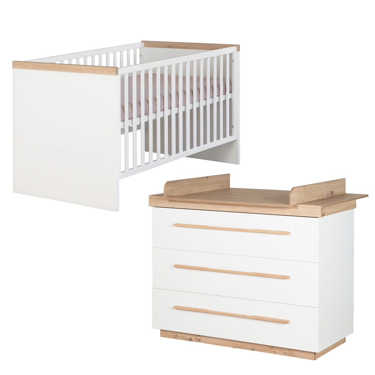 Set mobili 'Lumo' 2pezzi - Lettino combinato 70x140 + cassettiera fasciatoio - Bianco / artisan rovere – Ritaglio (1/20)