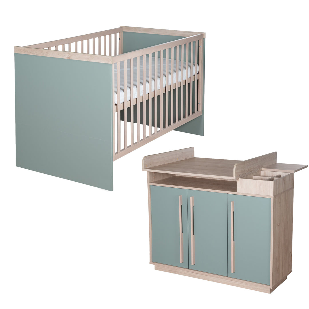 Möbelset 2-teilig 'Selva' - Babybett 70x140 + Wickelkommode - Reed Green / Virginia Chestnut – Freisteller (1/21)