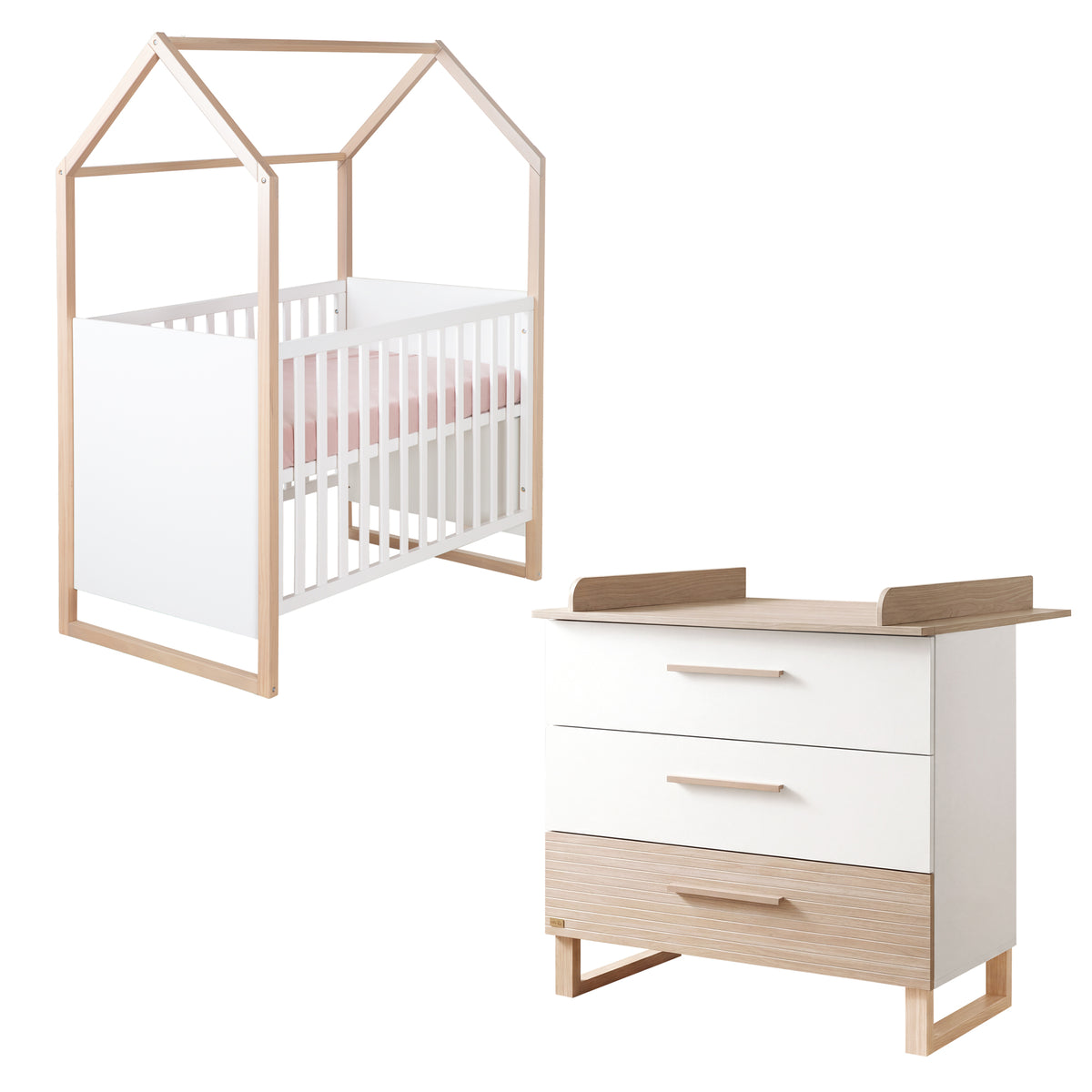 Ensemble de mobilier bébé 'Noah' 2pièces avec lit cabane en 60x120 cm - Blanc / tristan chêne – Détourage (1/16)