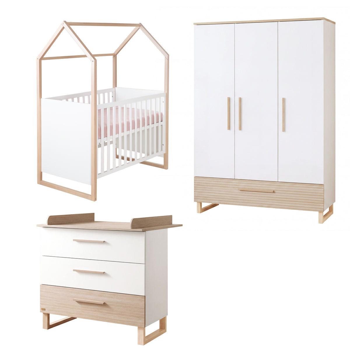 Set de habitación de bebé 'Noah' 3piezas con cama casita en 60x120 cm - Blanco / tristan roble – Recorte (1/25)