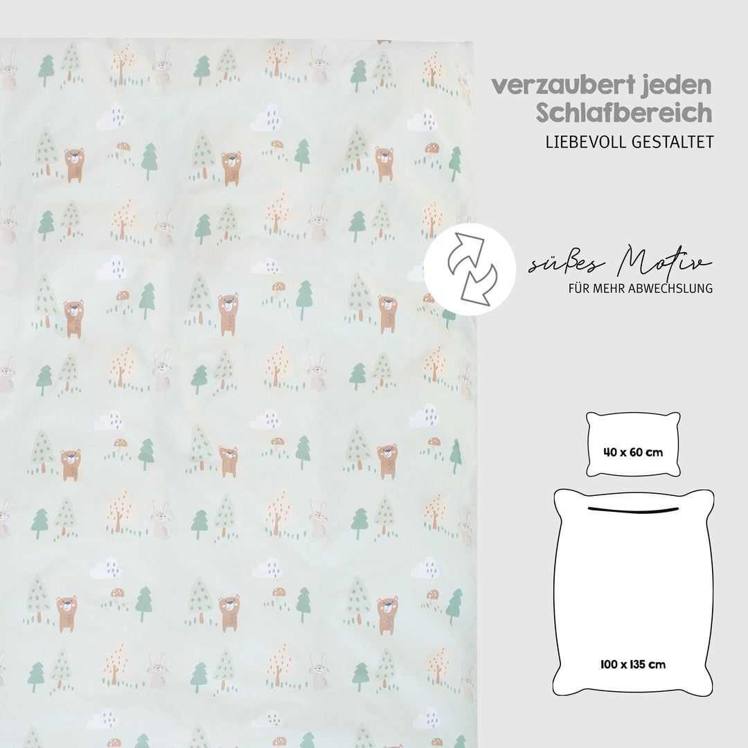 Linge de lit 'Woodland Buddies' - Housse de couette 100 x 135 cm + coussin 40 x 60 cm - Vert pastel – Infographie (6/13)