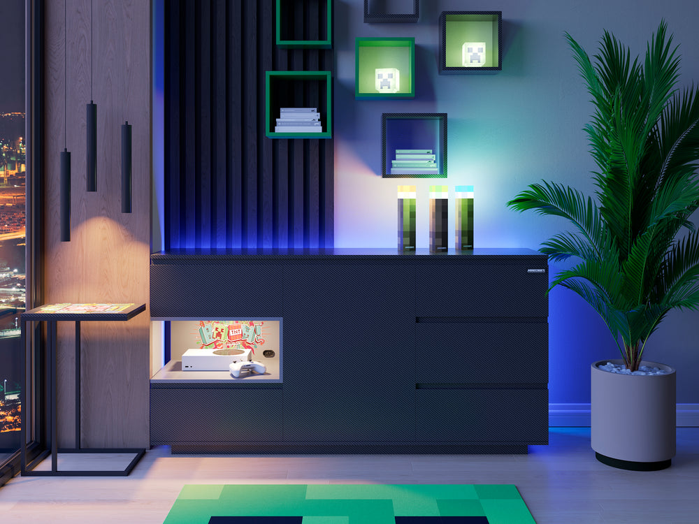 Sideboard 'Minecraft' mit 5 Schubladen und 1 Tür - Offene Ablage für Konsole - Anthrazit – Produktbild (2/7)
