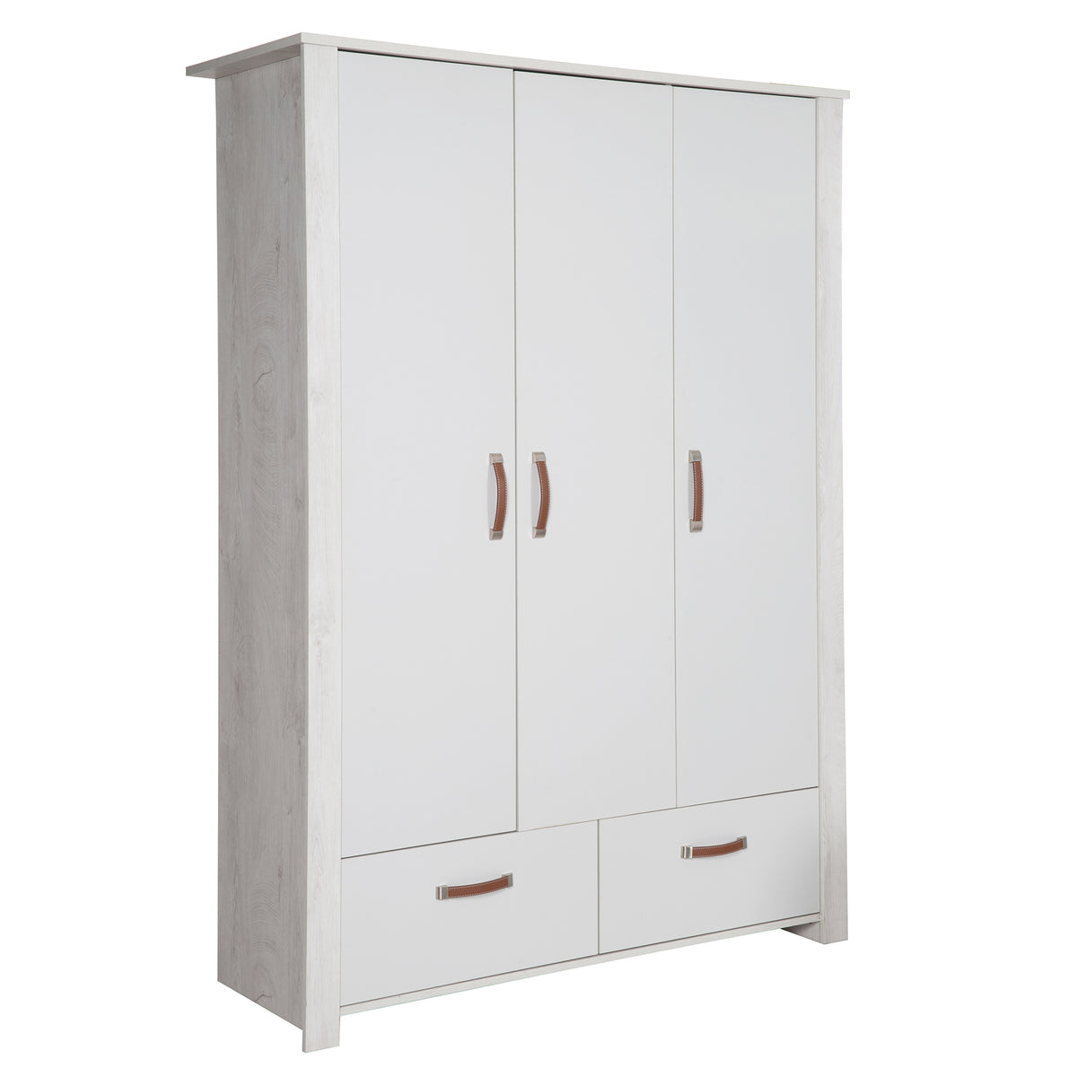 Kleiderschrank 'Mila', 3 Türen, 2 Schubladen, Soft Close-Technik, Drehtürenschrank, grau/weiß – Freisteller (1/8)