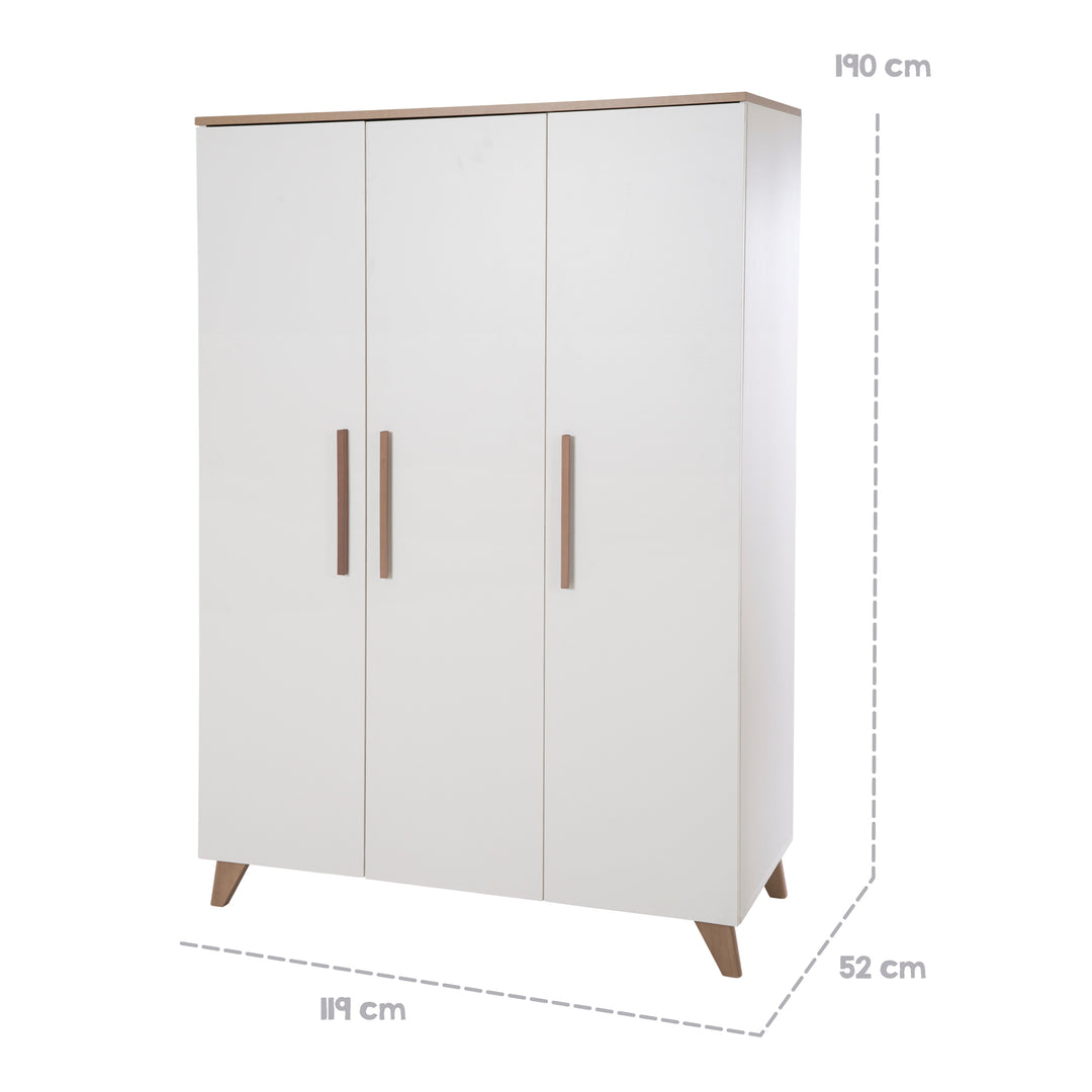 Kleiderschrank 'Ole' 3-türig mit  Holzgriffe & -füßen - Weiß / Eichen-Dekor – Infografik (7/11)
