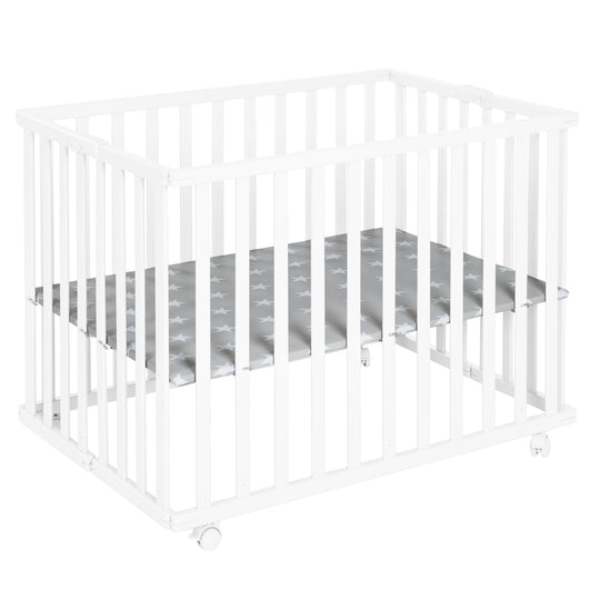 Folding Playpen 75x100 White + Insert Little Stars - Height-Adjustable - Including Castors – Cutout (1/12)