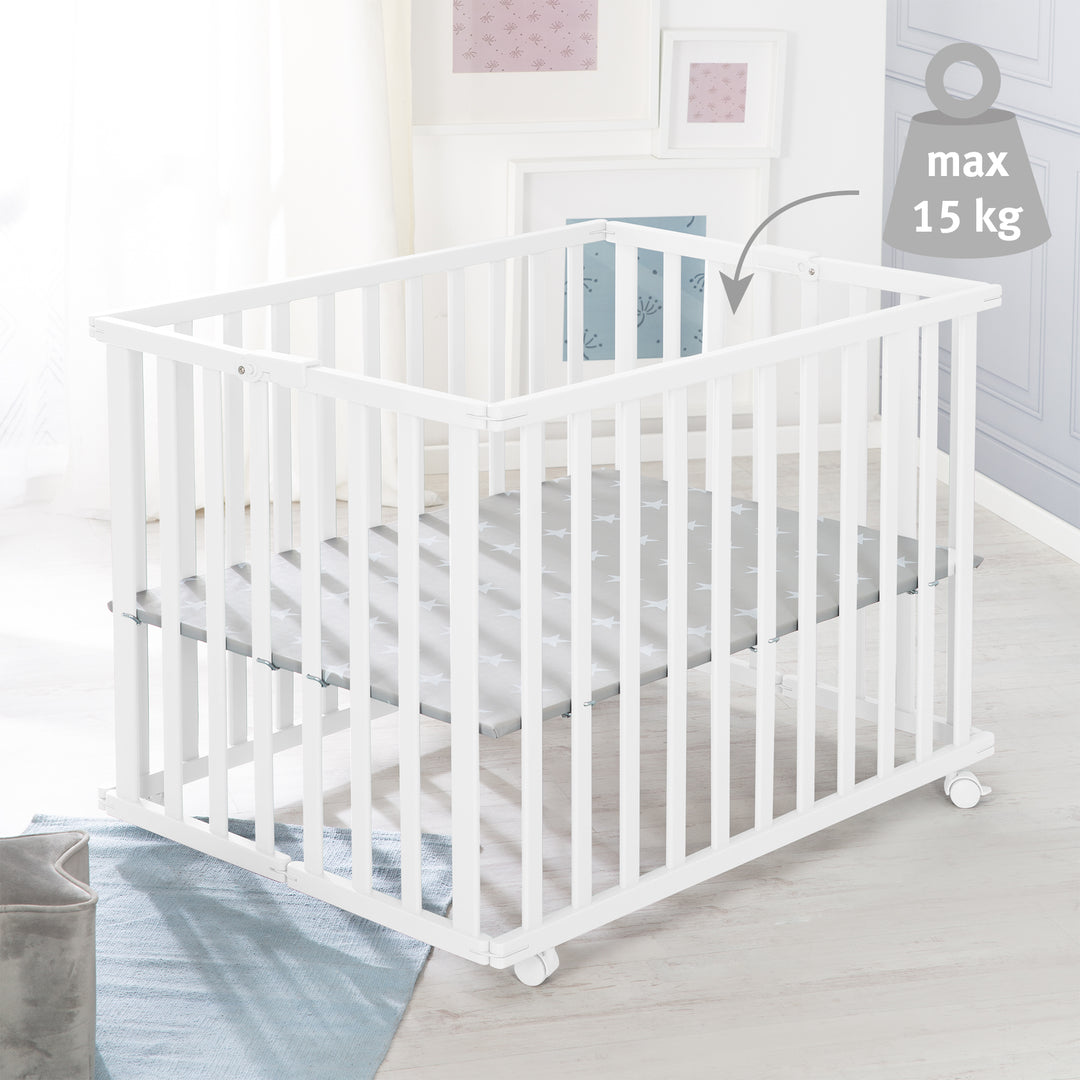 Folding Playpen 75x100 White + Insert Little Stars - Height-Adjustable - Including Castors – Infographic (11/12)