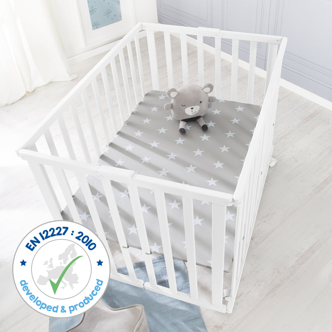 Folding Playpen 75x100 White + Insert Little Stars - Height-Adjustable - Including Castors – Infographic (12/12)