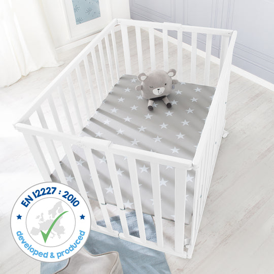 Folding Playpen 75x100 White + Insert Little Stars - Height-Adjustable - Including Castors – Infographic (12/12)