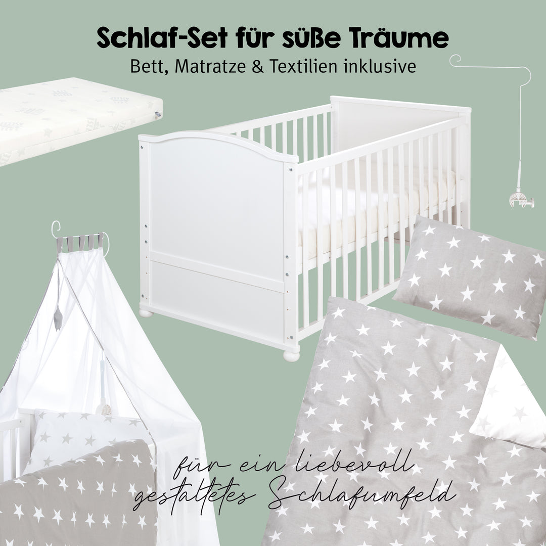 Complete Bed Set 'Little Stars', 70 x 140 cm, Convertible, incl. Bedding, Canopy, Nest Bumper & Mattress – Cutout (15/22)
