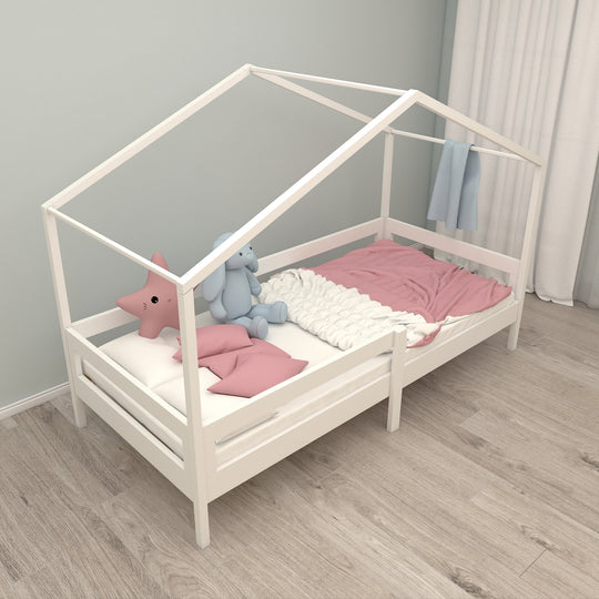 Hausbett 90 x 200 cm mit Seitengitter - Montessori Kinderbett - Holz weiß – Milieubild (6/13)