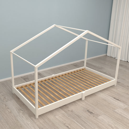 Hausbett 90 x 200 cm - Bodenbett für Kinder nach Montessori Prinzip - Holz weiß – Milieubild (6/11)
