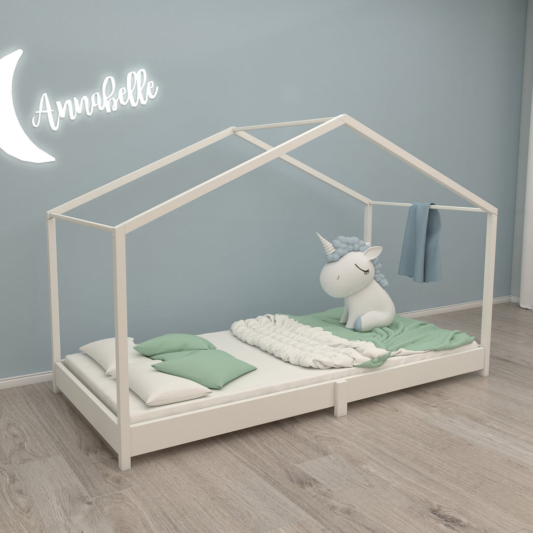 Hausbett 90 x 200 cm - Bodenbett für Kinder nach Montessori Prinzip - Holz weiß – Milieubild (9/11)