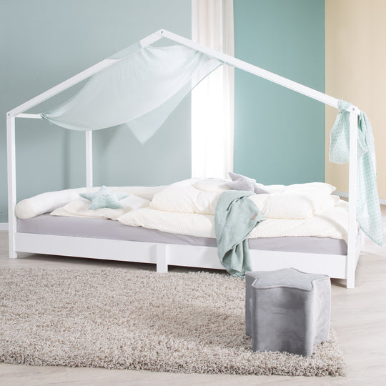 Hausbett 90 x 200 cm - Bodenbett für Kinder nach Montessori Prinzip - Holz weiß – Milieubild (5/11)