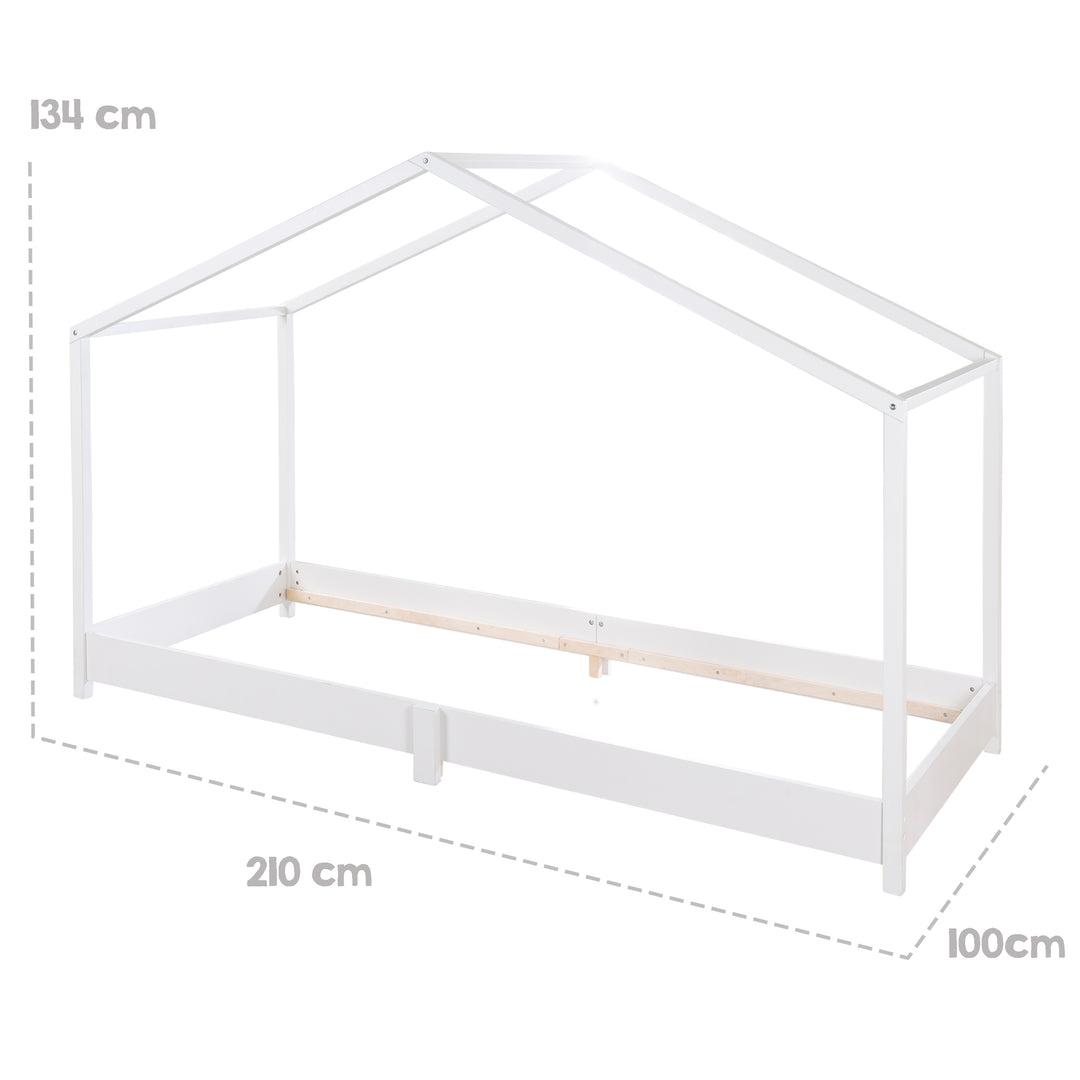 Hausbett 90 x 200 cm - Bodenbett für Kinder nach Montessori Prinzip - Holz weiß – Infografik (4/11)
