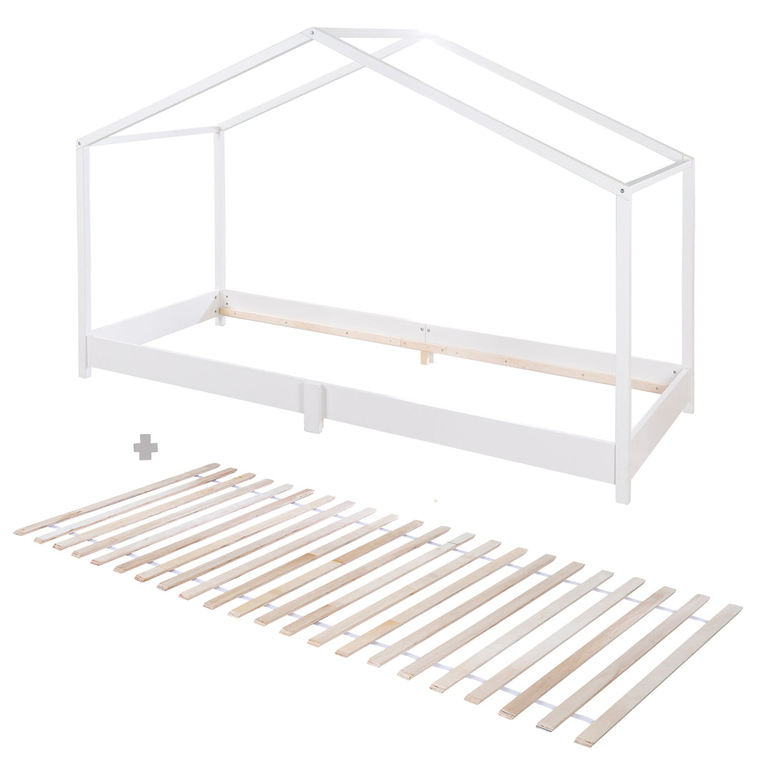 Hausbett 90 x 200 cm - Bodenbett für Kinder nach Montessori Prinzip - Holz weiß – Freisteller (10/11)