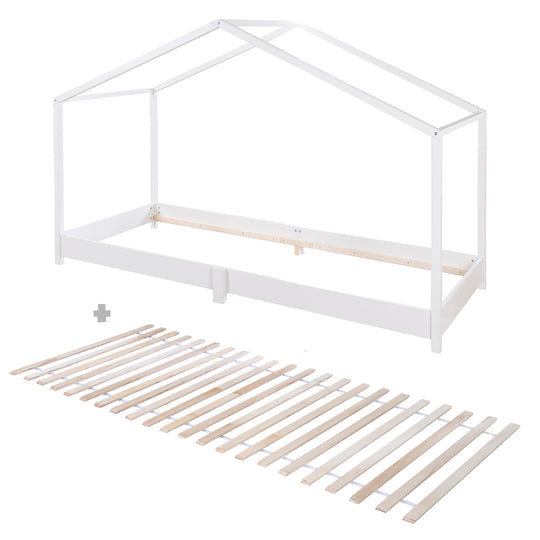 Hausbett 90 x 200 cm - Bodenbett für Kinder nach Montessori Prinzip - Holz weiß – Freisteller (10/11)