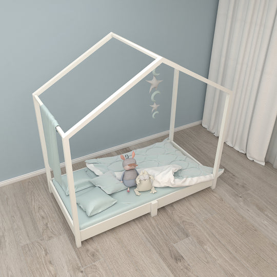 Hausbett 70 x 140 cm - Bodenbett nach Montessori Prinzip - Holz weiß – Milieubild (8/13)