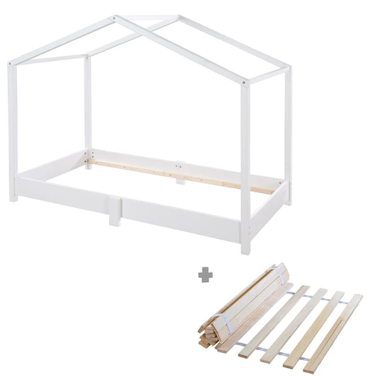 Hausbett 70 x 140 cm - Bodenbett nach Montessori Prinzip - Holz weiß – Freisteller (12/13)