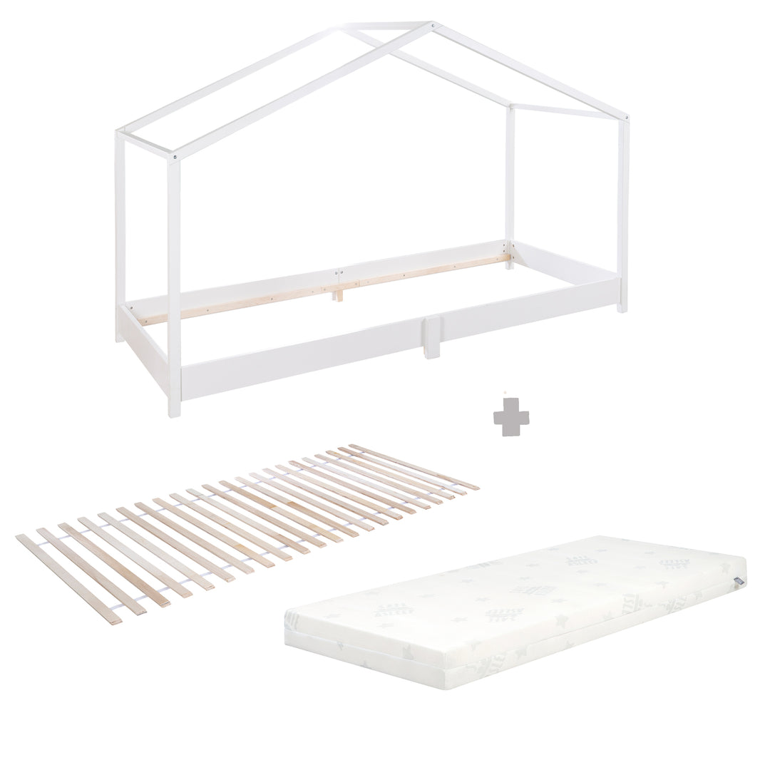 Hausbett 90 x 200 cm - Bodenbett für Kinder nach Montessori Prinzip - Holz weiß – Freisteller (11/11)