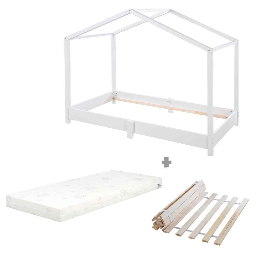 Hausbett 70 x 140 cm - Bodenbett nach Montessori Prinzip - Holz weiß – Freisteller (13/13)