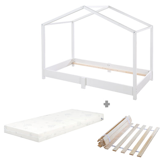 Hausbett 70 x 140 cm - Bodenbett nach Montessori Prinzip - Holz weiß – Freisteller (13/13)