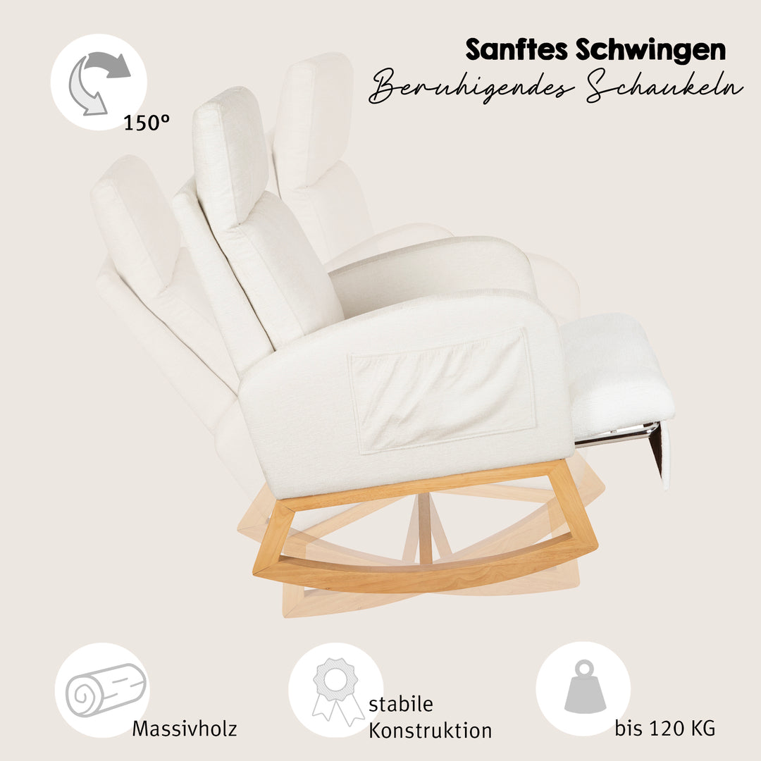 Grafik des Relaxsessels in Beige mit bis 150° neigbarer Rückenlehne und ausgezogener Fußstütze, Schriftzüge 'Sanftes Schwingen – Beruhigendes Schaukeln' und Symbole 'Massivholz', 'stabile Konstruktion' und 'bis 120 kg'.