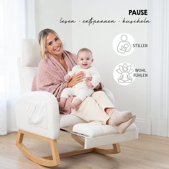 Frau mit rosa Tuch und Baby auf dem Schoß im Relaxsessel in Beige mit ausgezogener Fußstütze, Schriftzüge 'Pause – lesen, entspannen, kuscheln' und Symbole 'Stillen' und 'Wohlfühlen'.