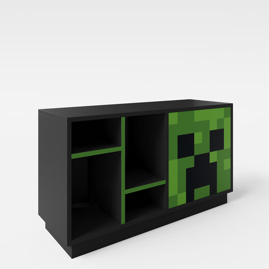 TV-Lowboard 'Minecraft' mit Tür mit Push-Open und 4 offenen Fächern - Schwarz / Grün – Produktbild (5/6)
